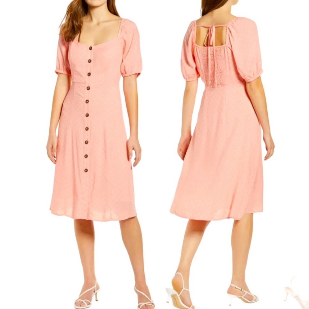 Gibson Button front dress , pink w/white polka dots, shirred elastic back bodice - Picture 7 of 7